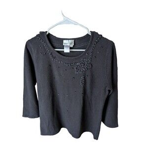 Coldwater Creek Black Beaded 3/4 Sleeve Sweater Small Embellished Knit